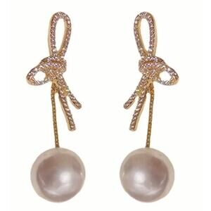 Rhinestone Bow Drop Pearl Earrings